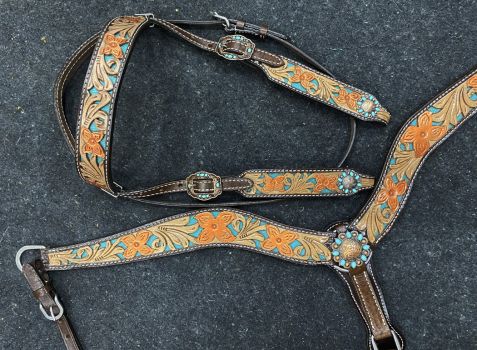 Showman Floral tooled design browband bridle with teal underlay and breast collar set with turquoise bead accent conchos #2